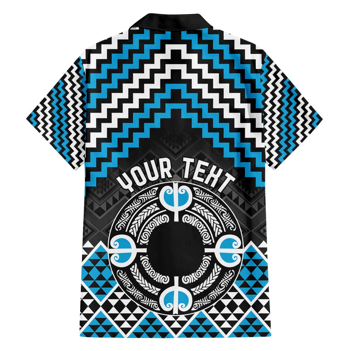 Personalised Aotearoa Niho Taniwha Motif Family Matching Off The Shoulder Long Sleeve Dress and Hawaiian Shirt Blue Style LT9 - Polynesian Pride