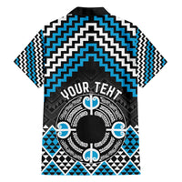 Personalised Aotearoa Niho Taniwha Motif Family Matching Off The Shoulder Long Sleeve Dress and Hawaiian Shirt Blue Style LT9 - Polynesian Pride