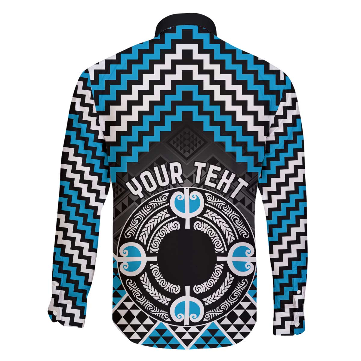 Personalised Aotearoa Niho Taniwha Motif Family Matching Off The Shoulder Long Sleeve Dress and Hawaiian Shirt Blue Style LT9 - Polynesian Pride