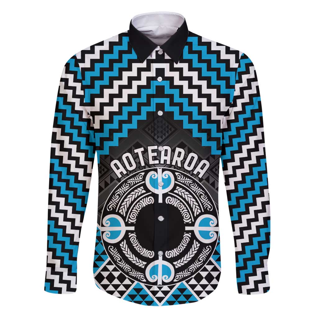 Personalised Aotearoa Niho Taniwha Motif Family Matching Puletasi and Hawaiian Shirt Blue Style