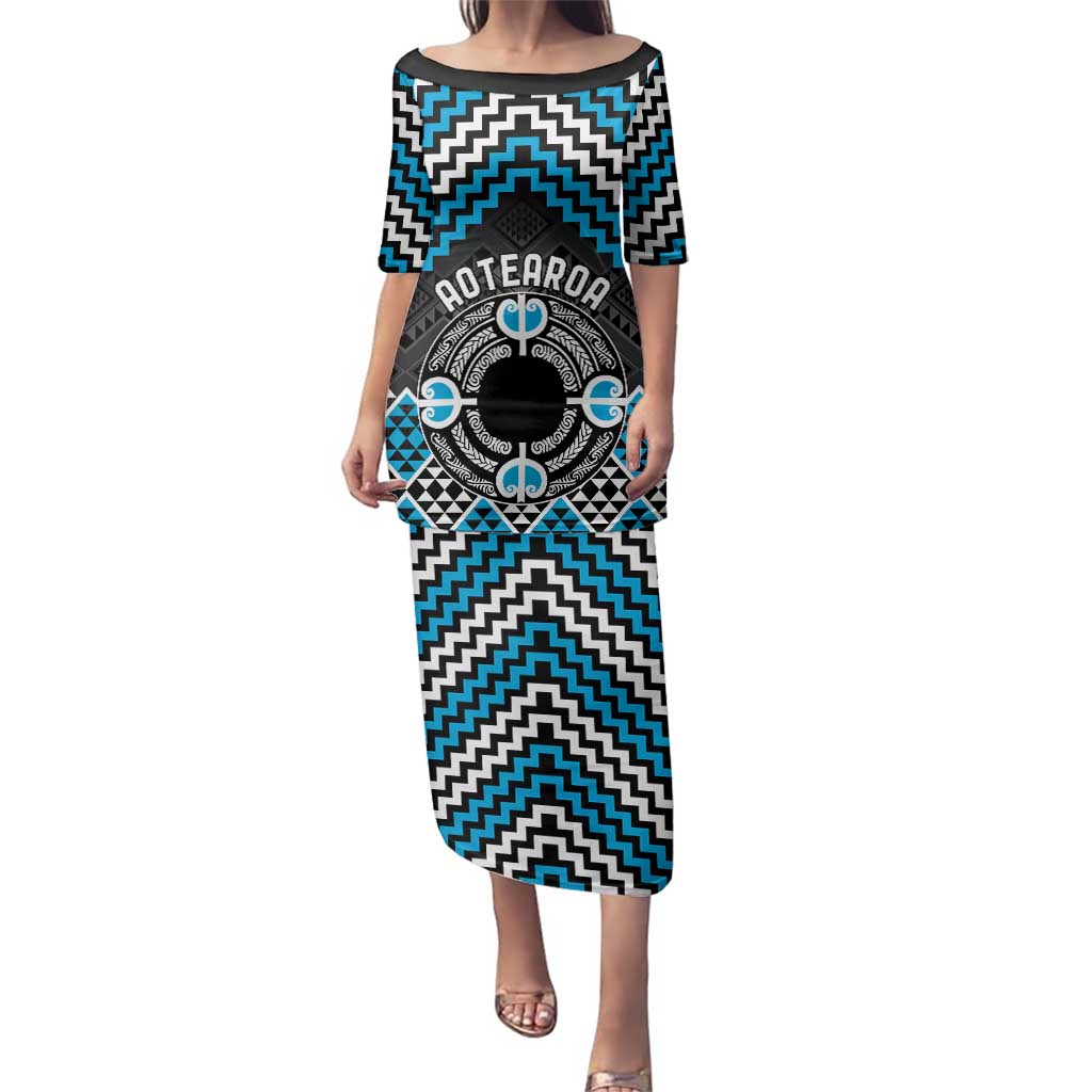 Personalised Aotearoa Niho Taniwha Motif Family Matching Puletasi and Hawaiian Shirt Blue Style