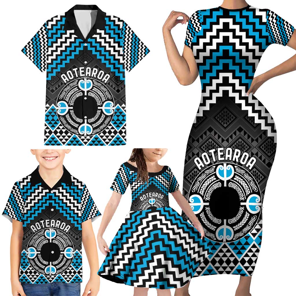 Personalised Aotearoa Niho Taniwha Motif Family Matching Short Sleeve Bodycon Dress and Hawaiian Shirt Blue Style LT9 - Polynesian Pride