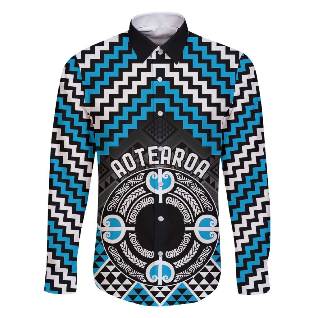 Personalised Aotearoa Niho Taniwha Motif Family Matching Short Sleeve Bodycon Dress and Hawaiian Shirt Blue Style LT9 Dad's Shirt - Long Sleeve Blue - Polynesian Pride