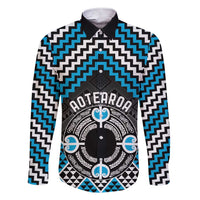 Personalised Aotearoa Niho Taniwha Motif Family Matching Short Sleeve Bodycon Dress and Hawaiian Shirt Blue Style LT9 Dad's Shirt - Long Sleeve Blue - Polynesian Pride