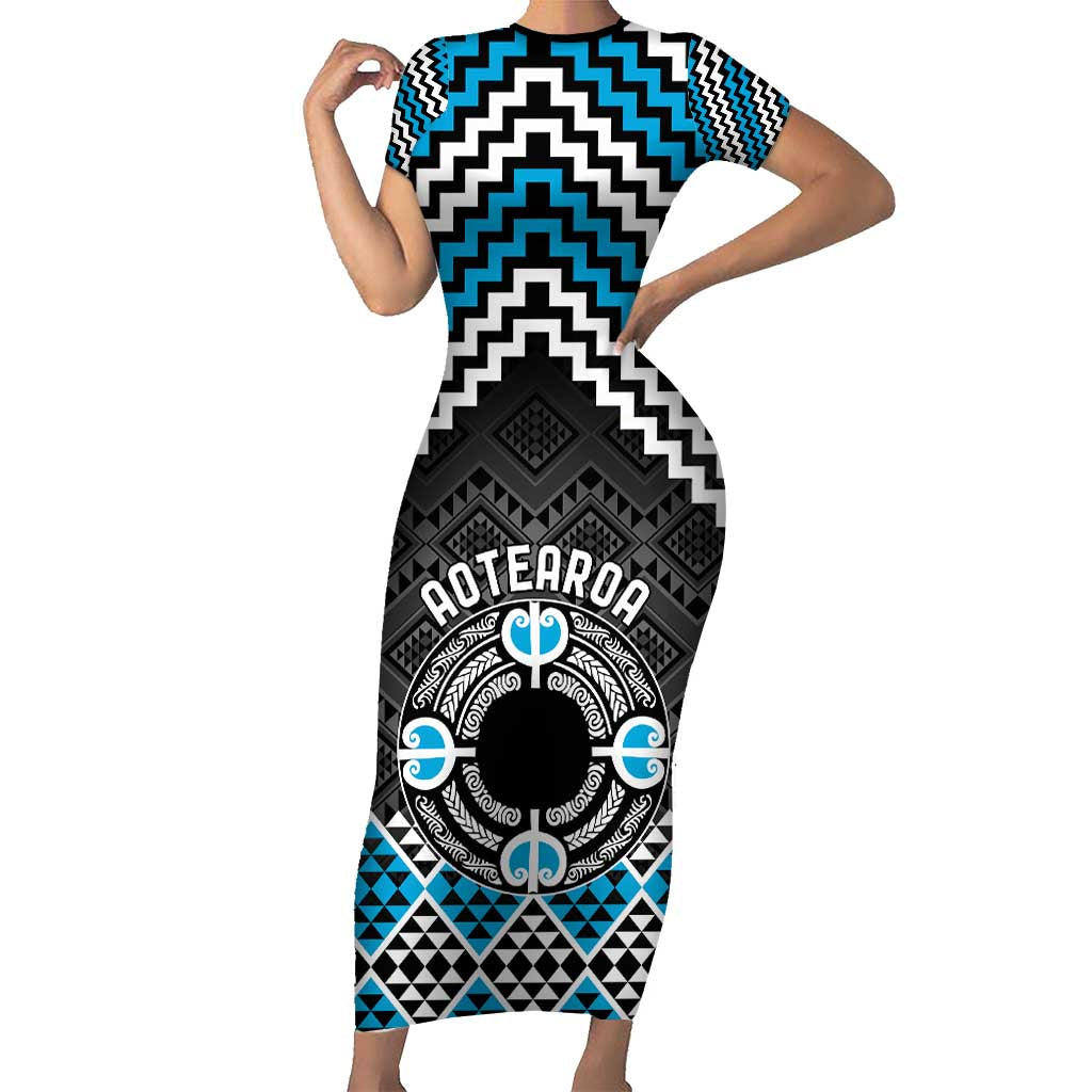 Personalised Aotearoa Niho Taniwha Motif Family Matching Short Sleeve Bodycon Dress and Hawaiian Shirt Blue Style LT9 Mom's Dress Blue - Polynesian Pride