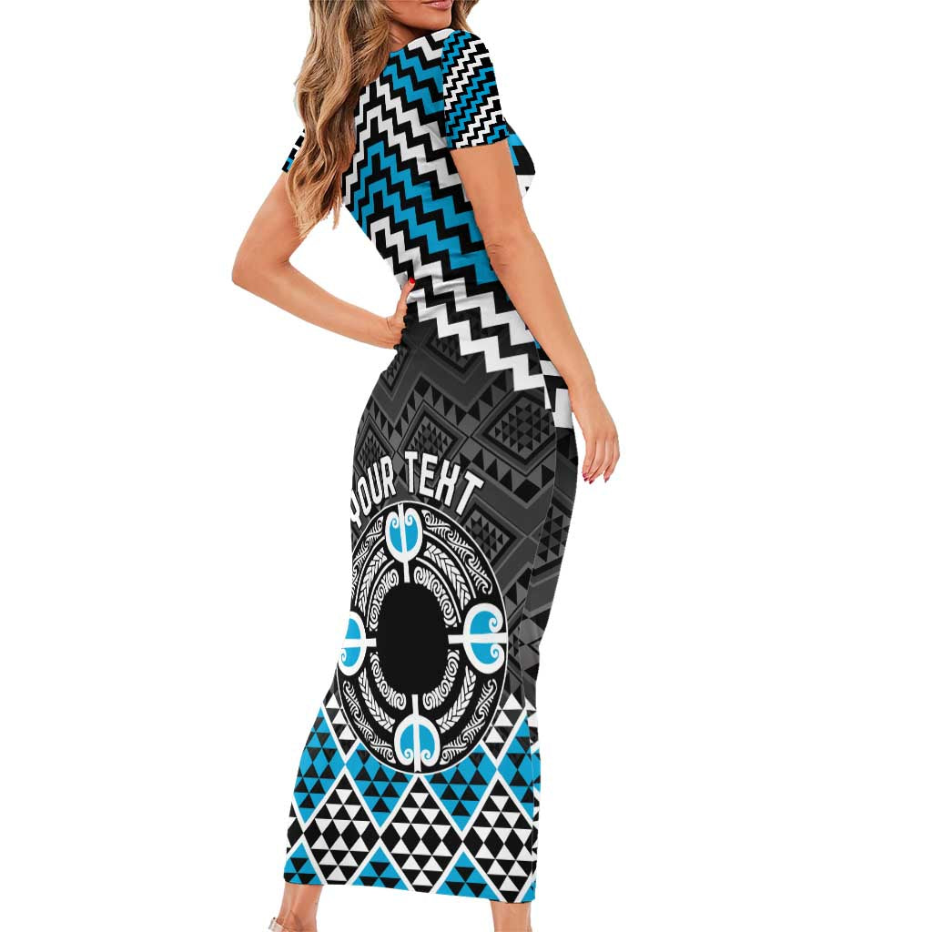 Personalised Aotearoa Niho Taniwha Motif Family Matching Short Sleeve Bodycon Dress and Hawaiian Shirt Blue Style LT9 - Polynesian Pride