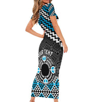 Personalised Aotearoa Niho Taniwha Motif Family Matching Short Sleeve Bodycon Dress and Hawaiian Shirt Blue Style LT9 - Polynesian Pride