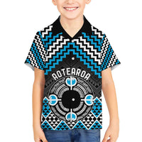 Personalised Aotearoa Niho Taniwha Motif Family Matching Short Sleeve Bodycon Dress and Hawaiian Shirt Blue Style LT9 Son's Shirt Blue - Polynesian Pride