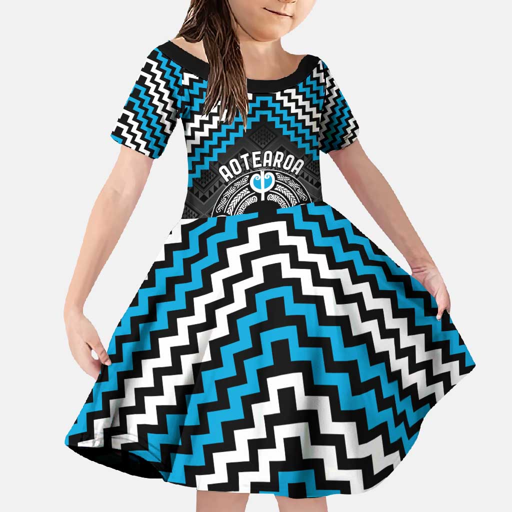 Personalised Aotearoa Niho Taniwha Motif Family Matching Tank Maxi Dress and Hawaiian Shirt Blue Style