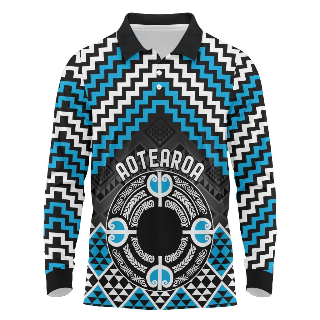 Personalised Aotearoa Niho Taniwha Motif Long Sleeve Polo Shirt Blue Style