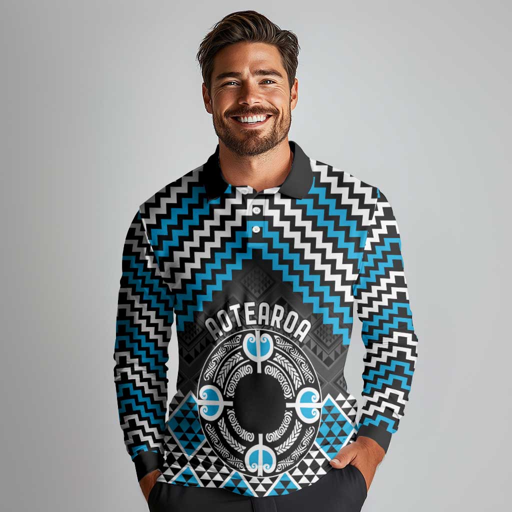 Personalised Aotearoa Niho Taniwha Motif Long Sleeve Polo Shirt Blue Style