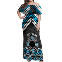 Personalised Aotearoa Niho Taniwha Motif Off Shoulder Maxi Dress Blue Style