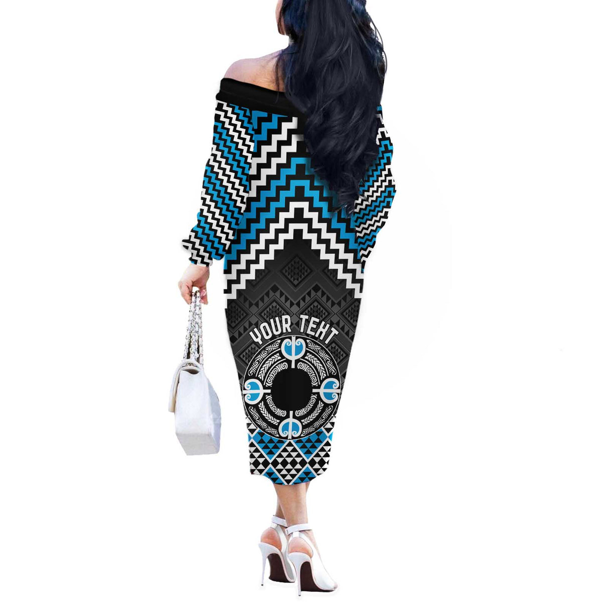 Personalised Aotearoa Niho Taniwha Motif Off The Shoulder Long Sleeve Dress Blue Style