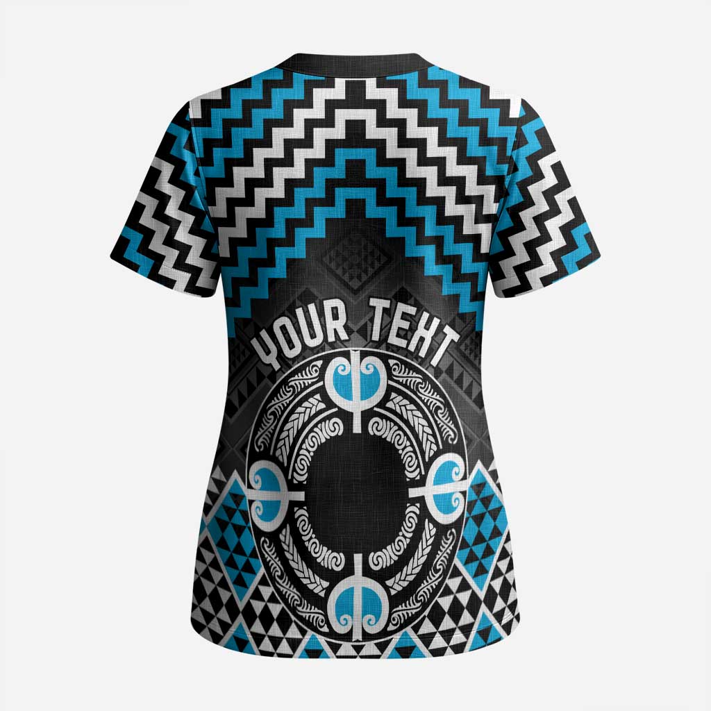 Personalised Aotearoa Niho Taniwha Motif Scrub Top Blue Style - Polynesian Pride