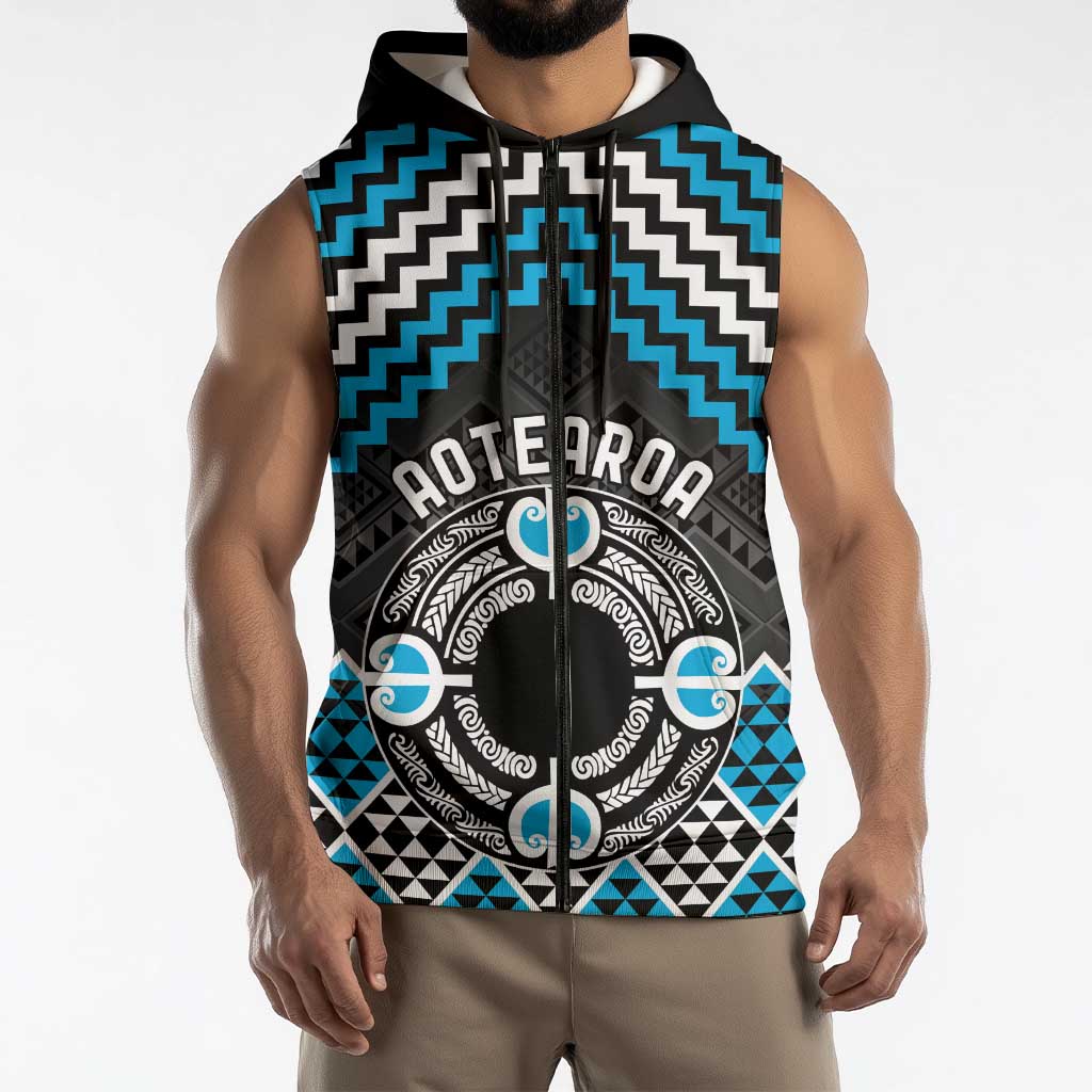Personalised Aotearoa Niho Taniwha Motif Sleeveless Zip Hoodie Blue Style - Polynesian Pride