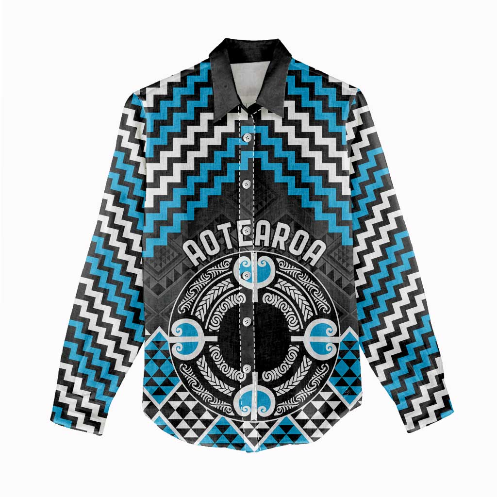 Personalised Aotearoa Niho Taniwha Motif Women Casual Shirt Blue Style LT9 - Polynesian Pride