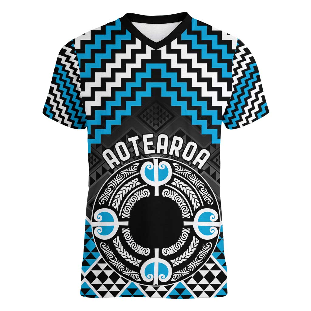 Personalised Aotearoa Niho Taniwha Motif Women V-Neck T-Shirt Blue Style
