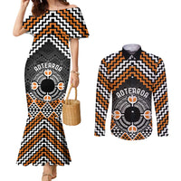 Personalised Aotearoa Niho Taniwha Motif Couples Matching Mermaid Dress and Long Sleeve Button Shirt Gold Style