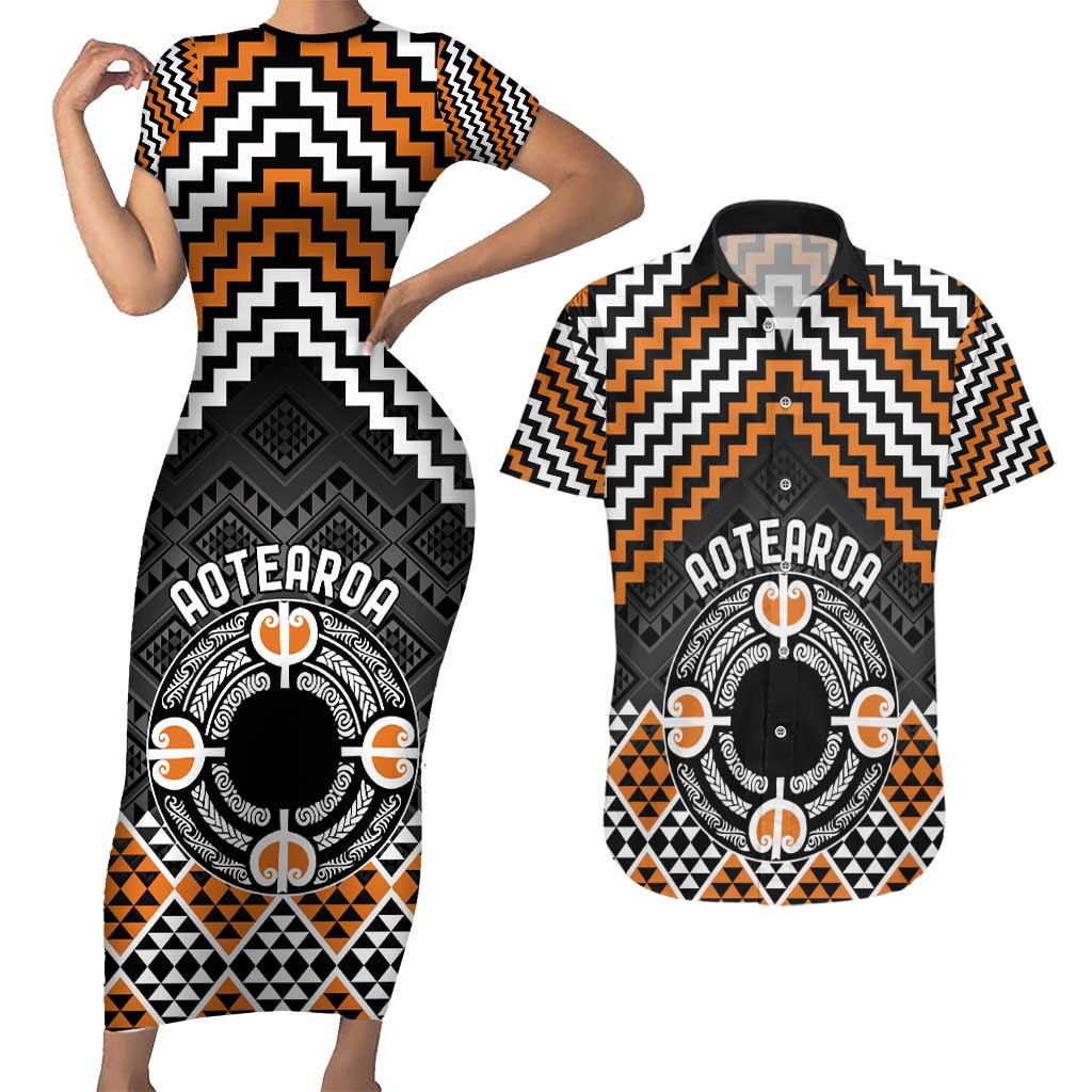 Personalised Aotearoa Niho Taniwha Motif Couples Matching Short Sleeve Bodycon Dress and Hawaiian Shirt Gold Style LT9 Gold - Polynesian Pride