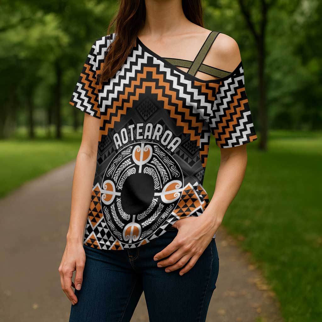 Personalised Aotearoa Niho Taniwha Motif Cross Shoulder Shirt Gold Style - Polynesian Pride