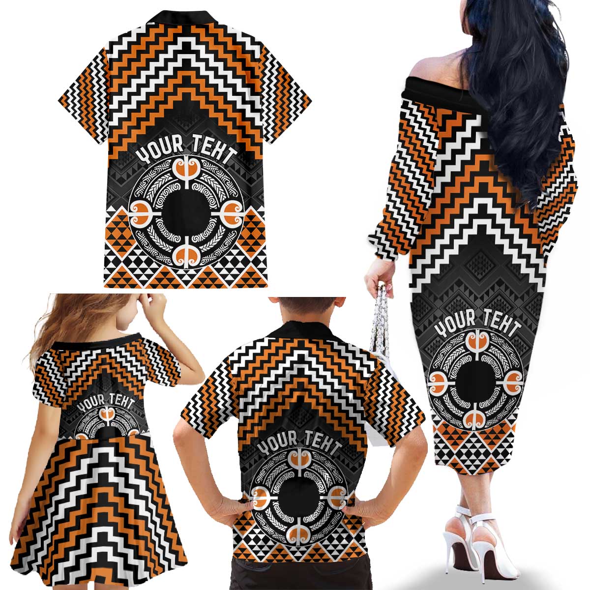 Personalised Aotearoa Niho Taniwha Motif Family Matching Off The Shoulder Long Sleeve Dress and Hawaiian Shirt Gold Style LT9 - Polynesian Pride