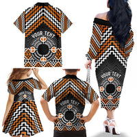 Personalised Aotearoa Niho Taniwha Motif Family Matching Off The Shoulder Long Sleeve Dress and Hawaiian Shirt Gold Style LT9 - Polynesian Pride