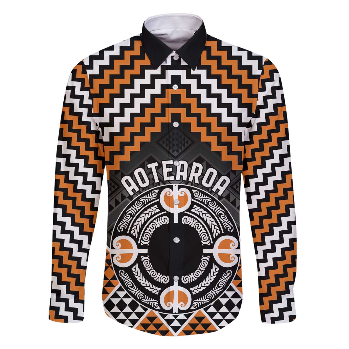 Personalised Aotearoa Niho Taniwha Motif Family Matching Off The Shoulder Long Sleeve Dress and Hawaiian Shirt Gold Style LT9 Dad's Shirt - Long Sleeve Gold - Polynesian Pride