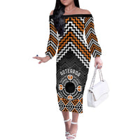 Personalised Aotearoa Niho Taniwha Motif Family Matching Off The Shoulder Long Sleeve Dress and Hawaiian Shirt Gold Style LT9 Mom's Dress Gold - Polynesian Pride
