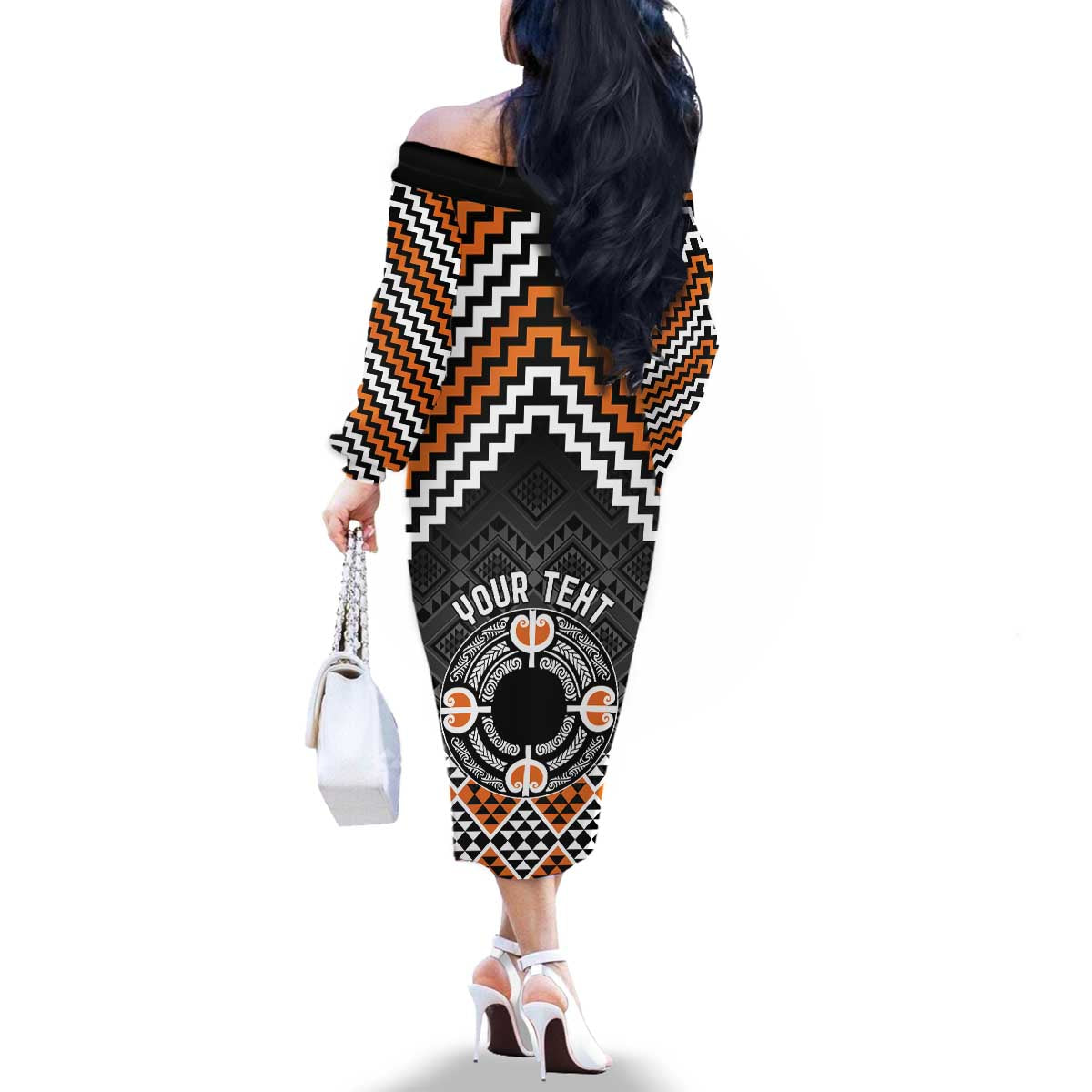 Personalised Aotearoa Niho Taniwha Motif Family Matching Off The Shoulder Long Sleeve Dress and Hawaiian Shirt Gold Style LT9 - Polynesian Pride