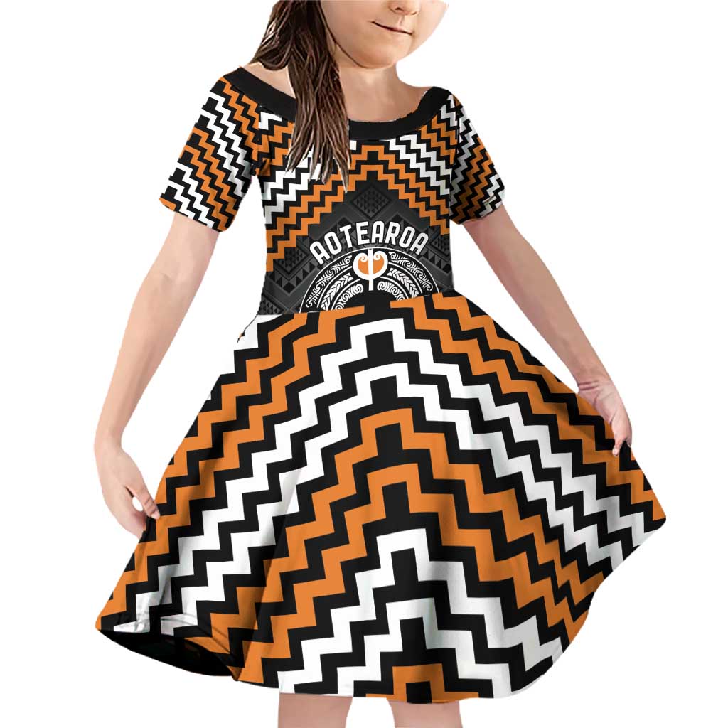 Personalised Aotearoa Niho Taniwha Motif Family Matching Off Shoulder Short Dress and Hawaiian Shirt Gold Style LT9 Daughter's Dress Gold - Polynesian Pride
