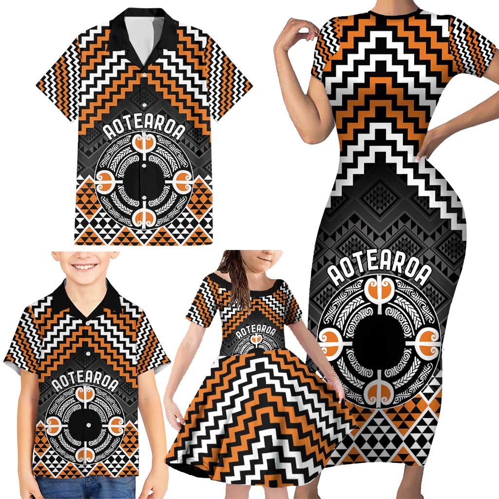 Personalised Aotearoa Niho Taniwha Motif Family Matching Short Sleeve Bodycon Dress and Hawaiian Shirt Gold Style LT9 - Polynesian Pride