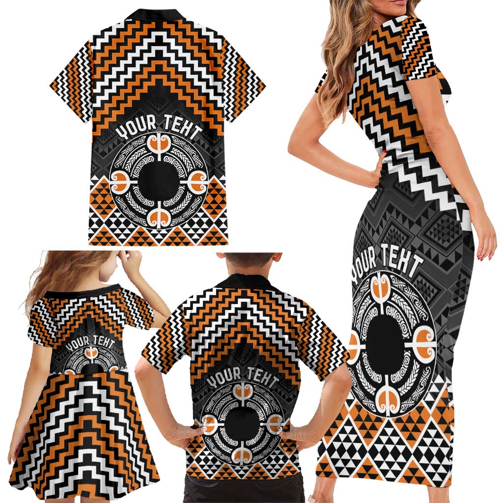 Personalised Aotearoa Niho Taniwha Motif Family Matching Short Sleeve Bodycon Dress and Hawaiian Shirt Gold Style LT9 - Polynesian Pride
