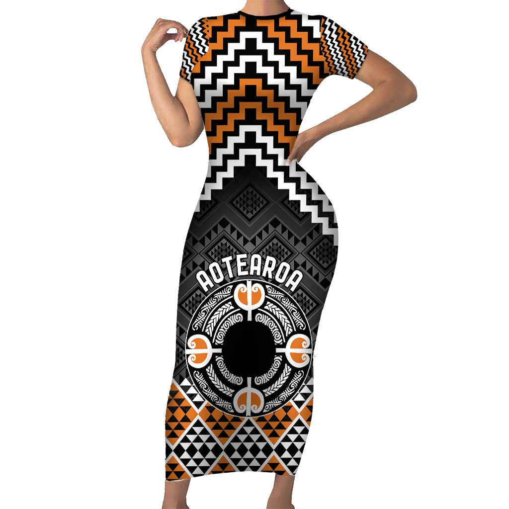 Personalised Aotearoa Niho Taniwha Motif Family Matching Short Sleeve Bodycon Dress and Hawaiian Shirt Gold Style LT9 Mom's Dress Gold - Polynesian Pride