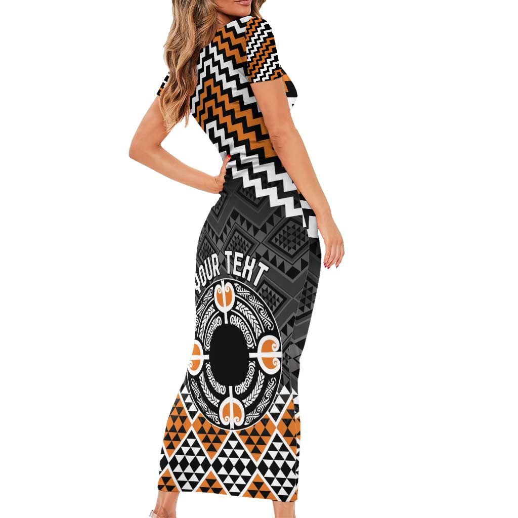 Personalised Aotearoa Niho Taniwha Motif Family Matching Short Sleeve Bodycon Dress and Hawaiian Shirt Gold Style LT9 - Polynesian Pride