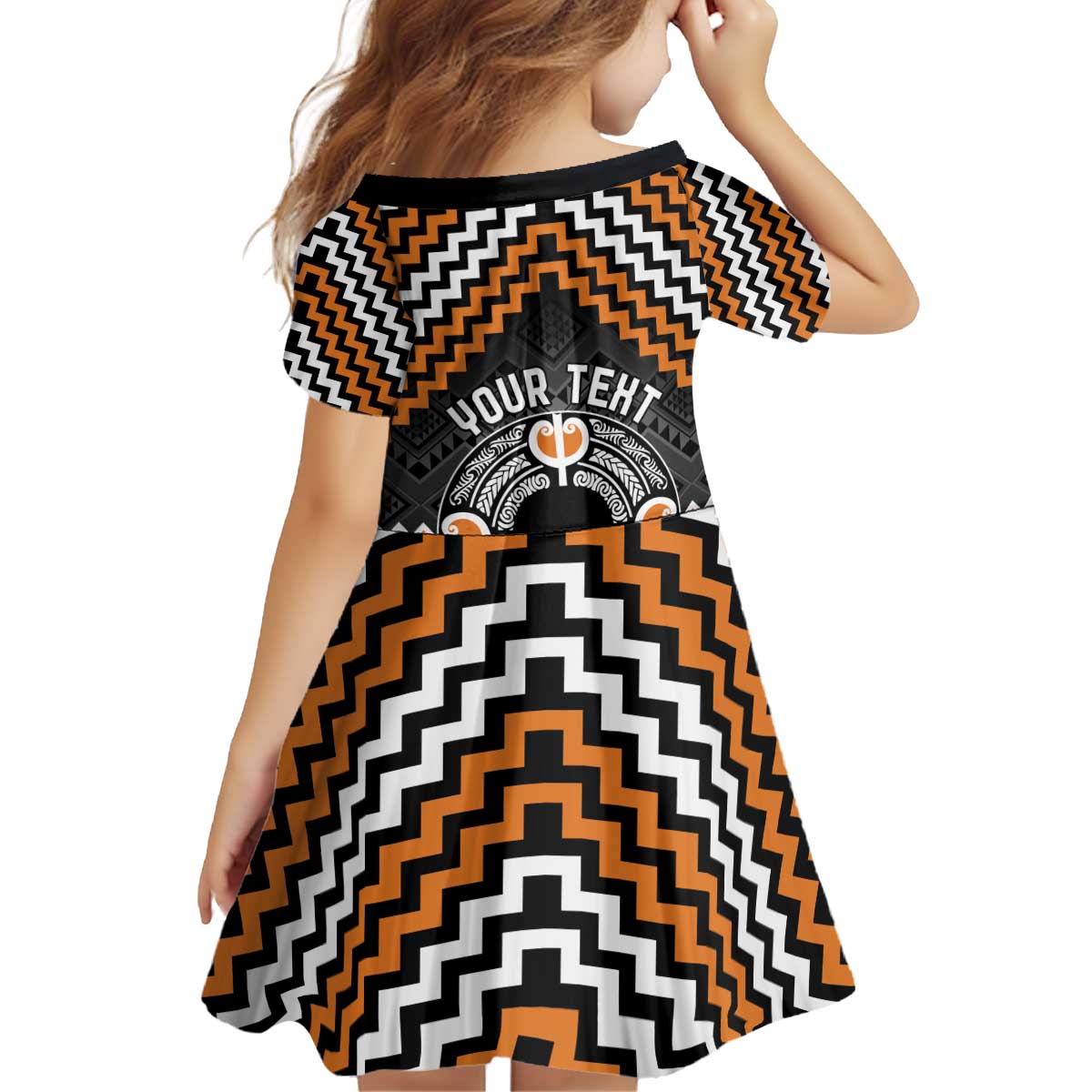 Personalised Aotearoa Niho Taniwha Motif Kid Short Sleeve Dress Gold Style