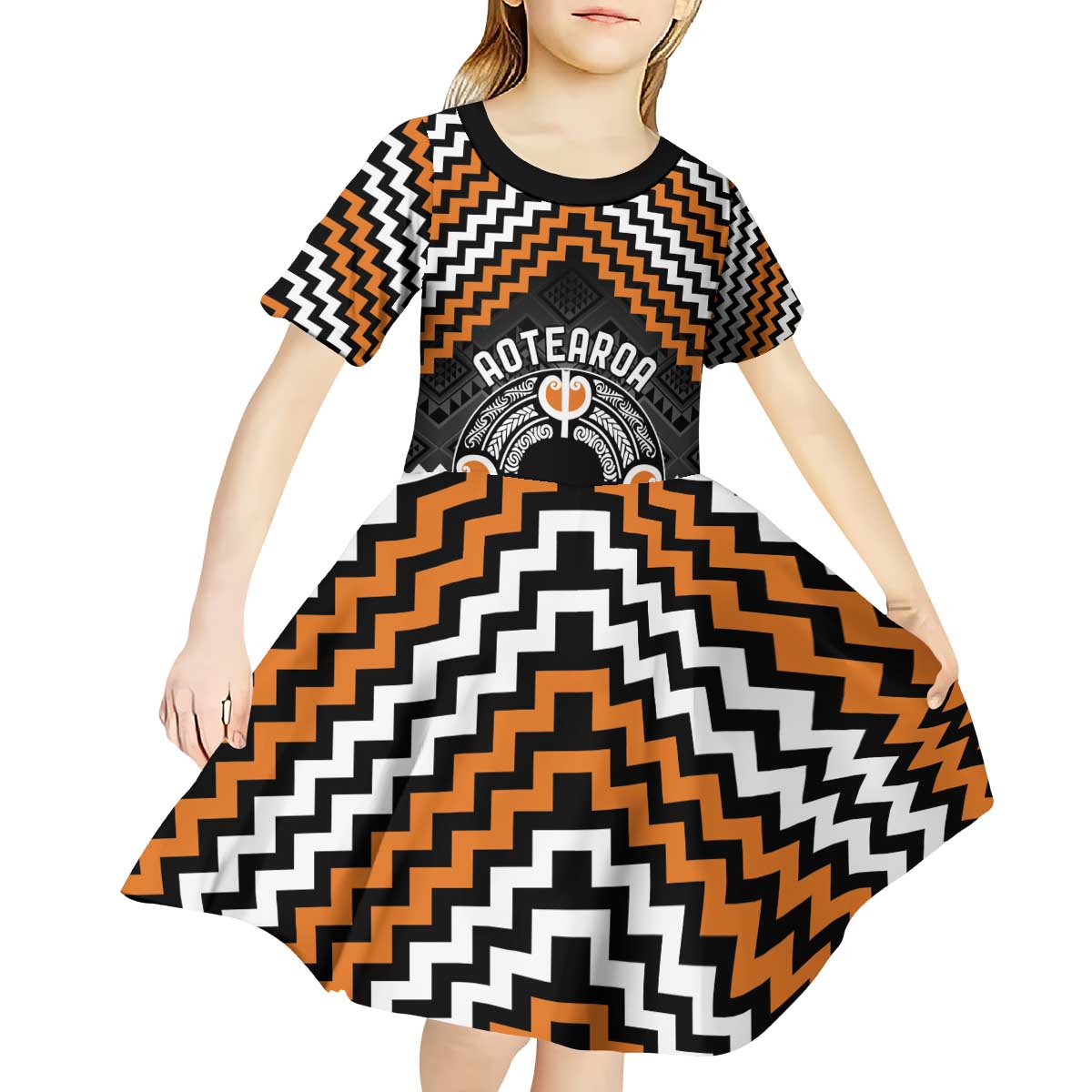 Personalised Aotearoa Niho Taniwha Motif Kid Short Sleeve Dress Gold Style