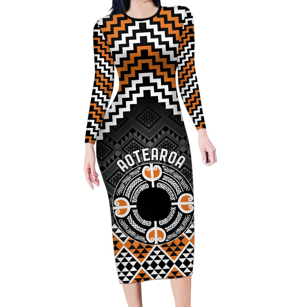 Personalised Aotearoa Niho Taniwha Motif Long Sleeve Bodycon Dress Gold Style LT9 Long Dress Gold - Polynesian Pride