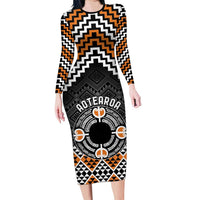 Personalised Aotearoa Niho Taniwha Motif Long Sleeve Bodycon Dress Gold Style LT9 Long Dress Gold - Polynesian Pride