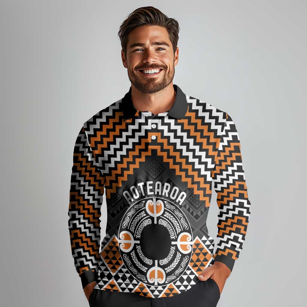 Personalised Aotearoa Niho Taniwha Motif Long Sleeve Polo Shirt Gold Style