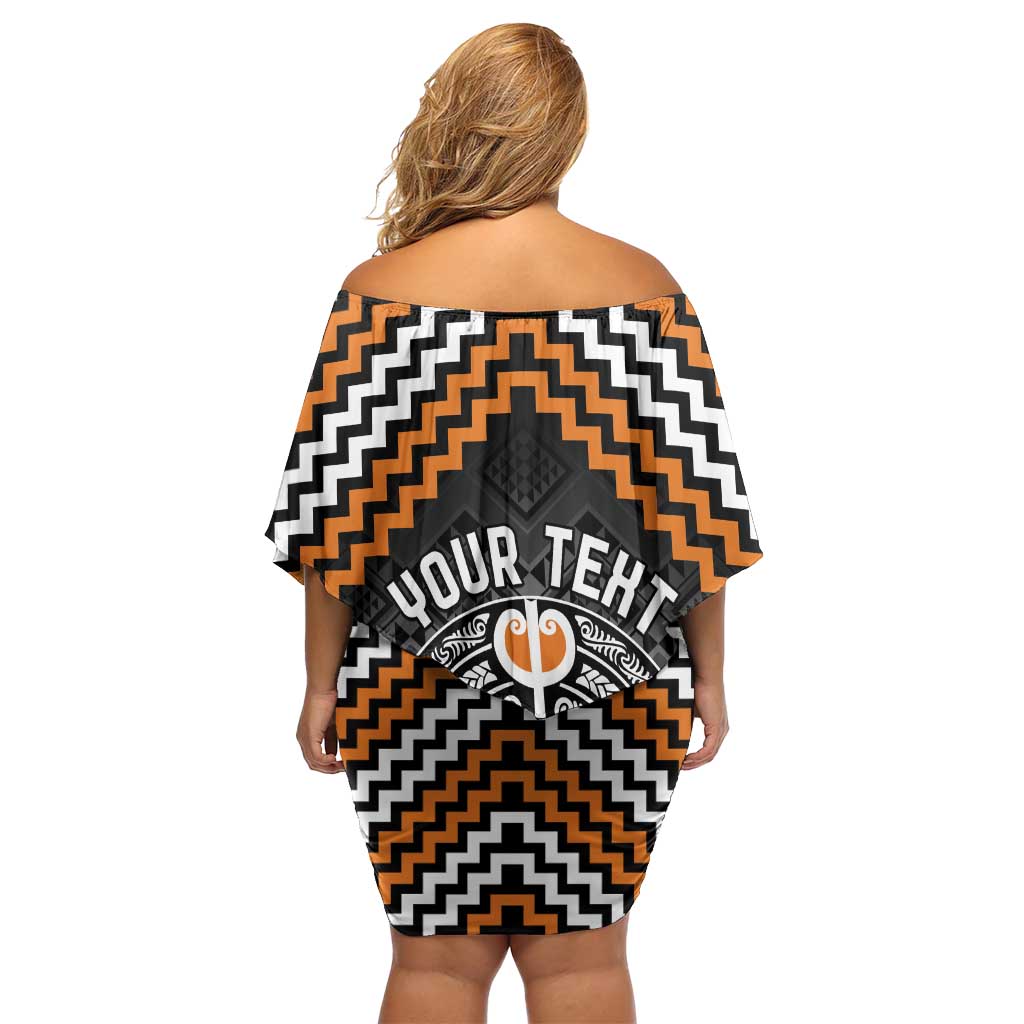 Personalised Aotearoa Niho Taniwha Motif Off Shoulder Short Dress Gold Style LT9 - Polynesian Pride