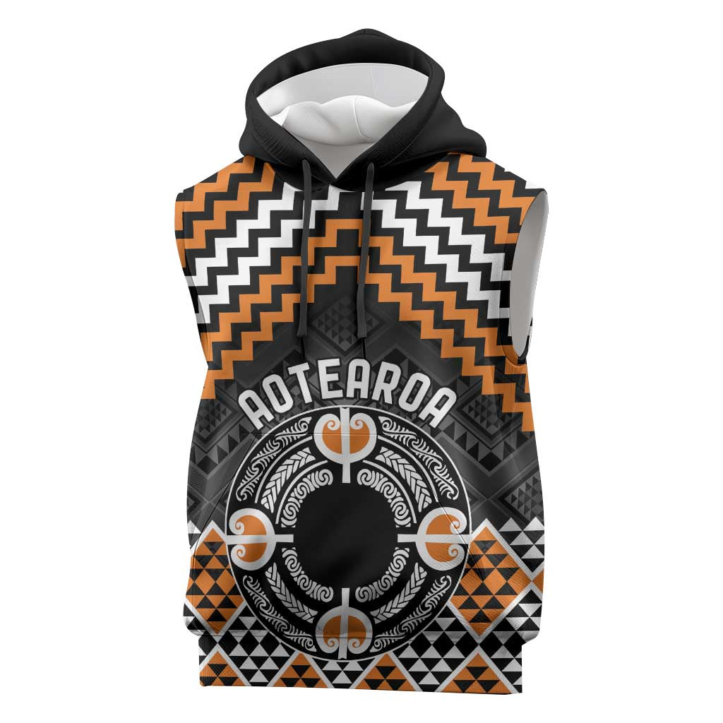 Personalised Aotearoa Niho Taniwha Motif Sleeveless Hoodie Gold Style - Polynesian Pride