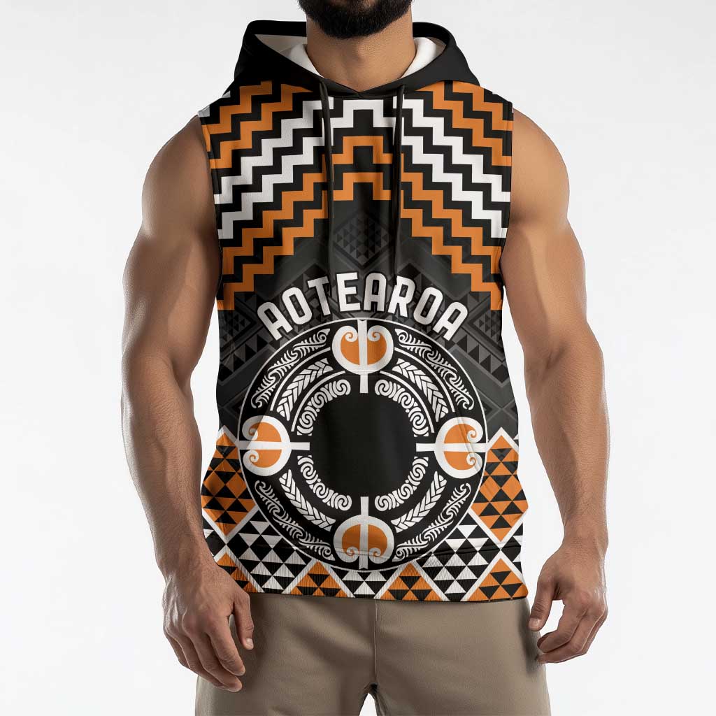 Personalised Aotearoa Niho Taniwha Motif Sleeveless Hoodie Gold Style LT9 - Polynesian Pride