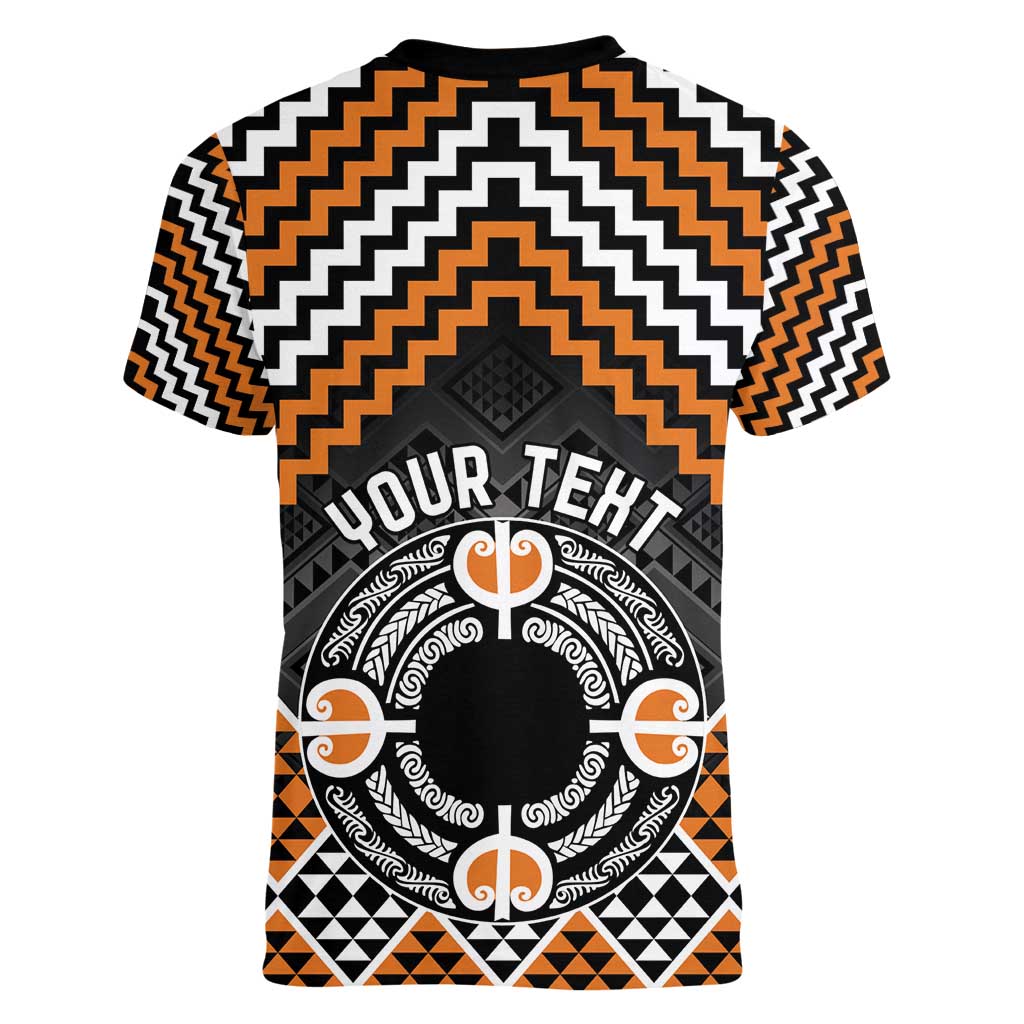 Personalised Aotearoa Niho Taniwha Motif Women V-Neck T-Shirt Gold Style