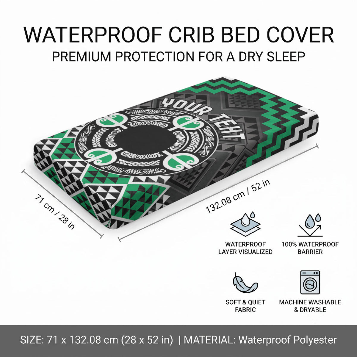 Personalised Aotearoa Niho Taniwha Motif Baby Bed Cover Green Style LT9 - Polynesian Pride
