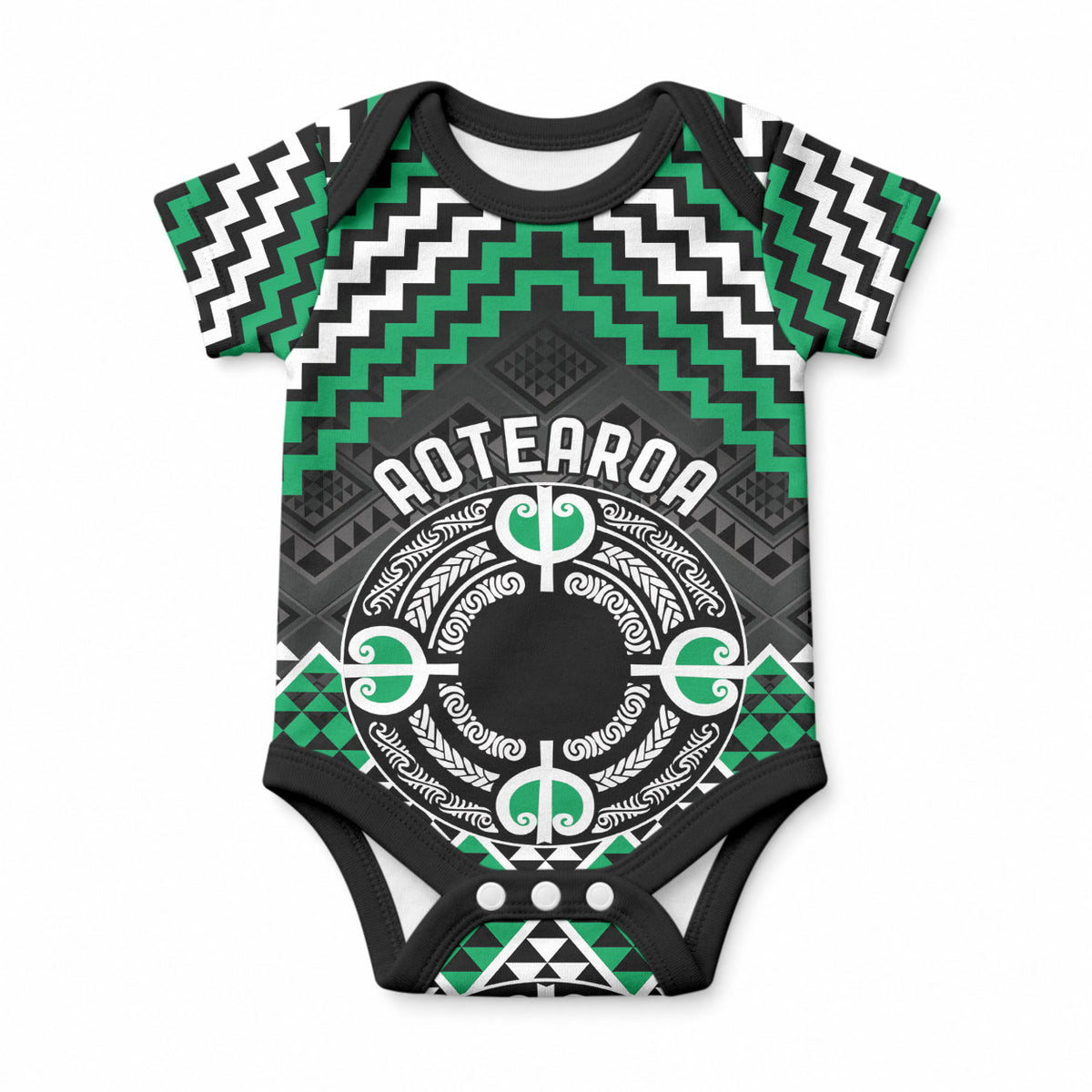 Personalised Aotearoa Niho Taniwha Motif Baby Onesie Green Style LT9 Green - Polynesian Pride