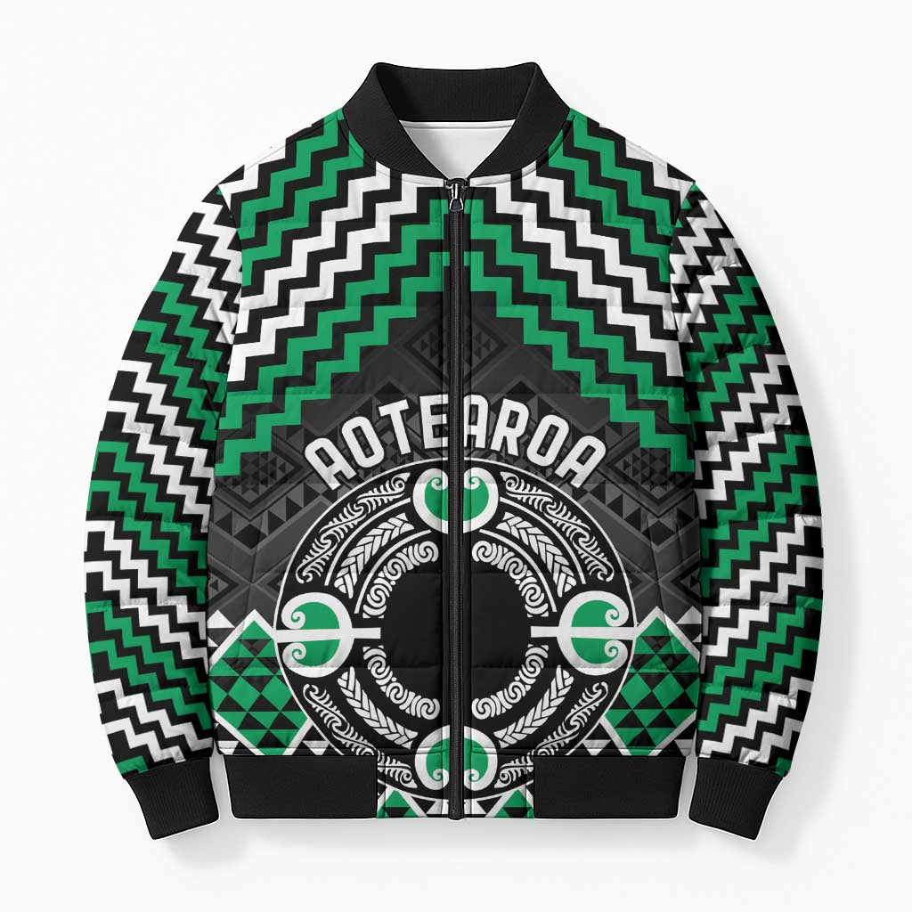 Personalised Aotearoa Niho Taniwha Motif Bomber Puffer Jacket Green Style - Polynesian Pride
