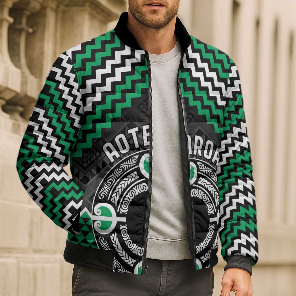 Personalised Aotearoa Niho Taniwha Motif Bomber Puffer Jacket Green Style - Polynesian Pride