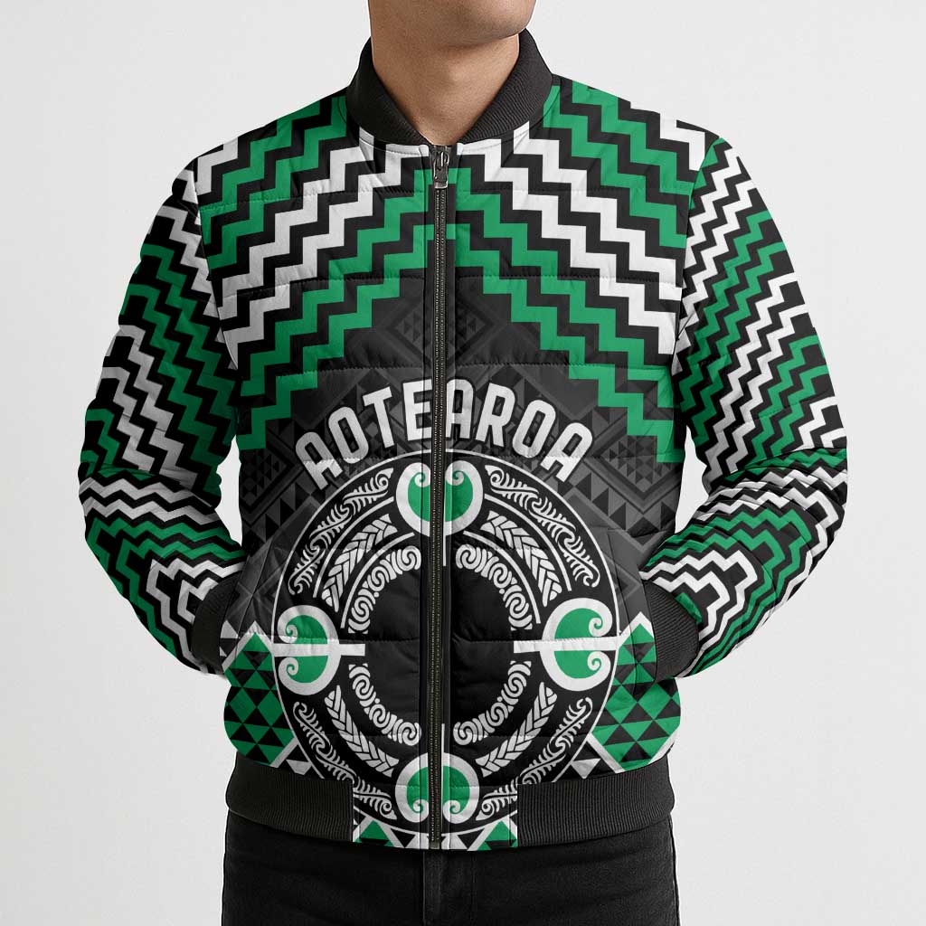 Personalised Aotearoa Niho Taniwha Motif Bomber Puffer Jacket Green Style - Polynesian Pride