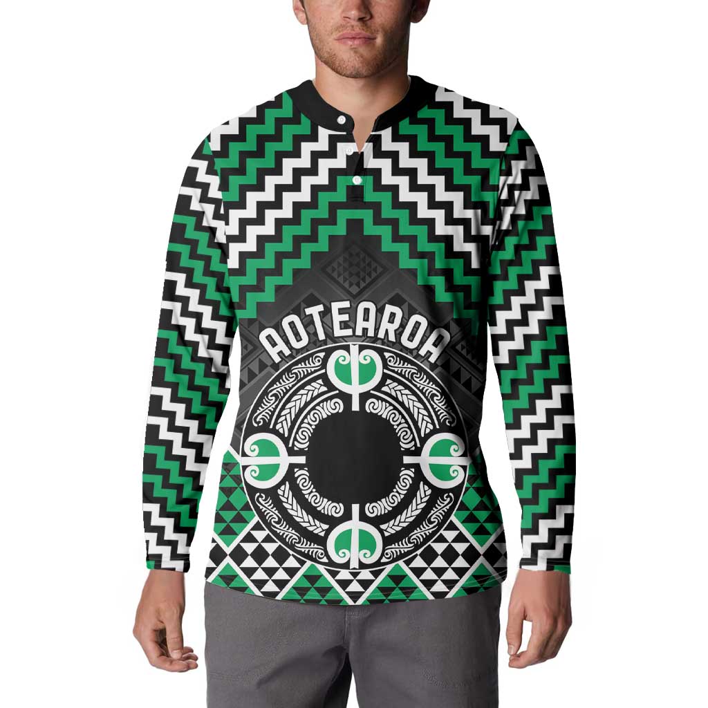 Personalised Aotearoa Niho Taniwha Motif Button Sweatshirt Green Style