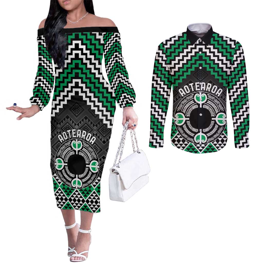 Personalised Aotearoa Niho Taniwha Motif Couples Matching Off The Shoulder Long Sleeve Dress and Long Sleeve Button Shirt Green Style